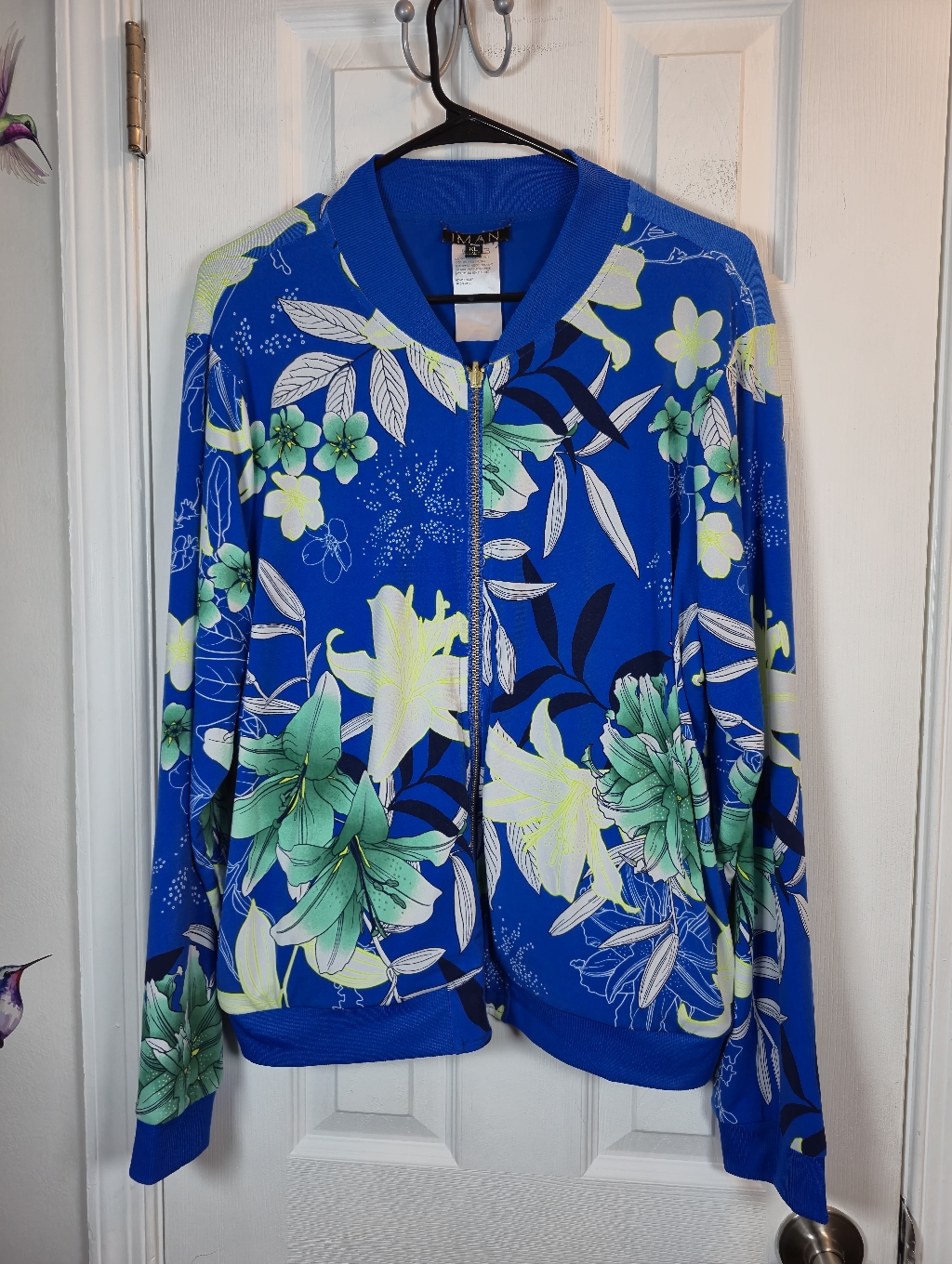 Iman Global Chic Tropical Royal Blue Floral Print Bomber Jacket Xl Resprtwear